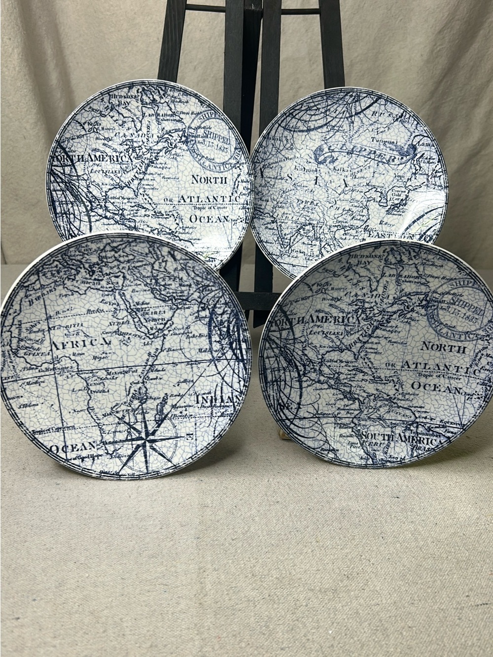222 Fifth Blue and White Map Ceramic Appetizer Plates. Set of Four